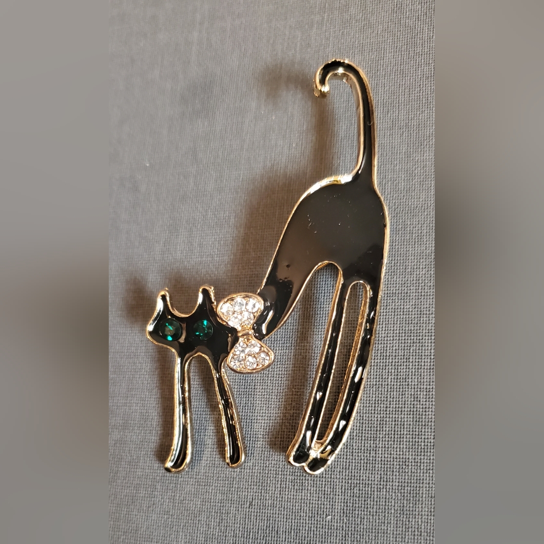 Gold-Tone Black Cat Brooch With Green Crystal Eyes